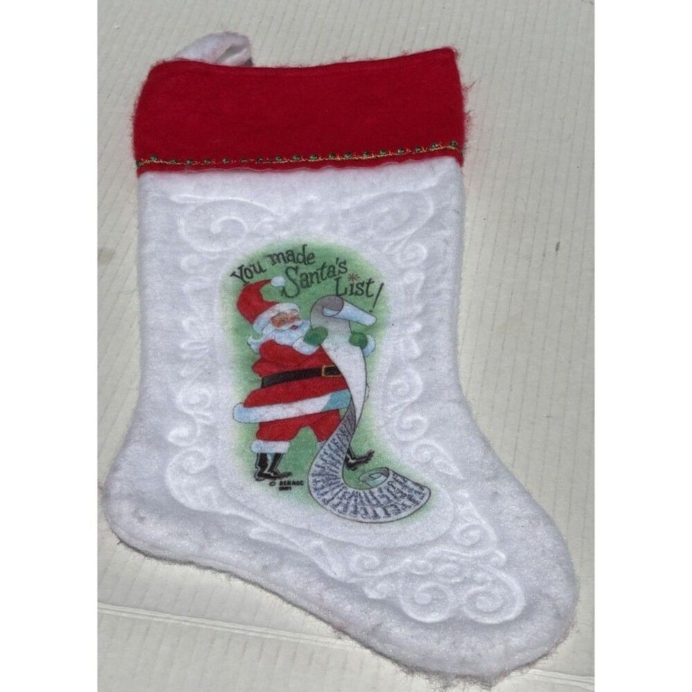 Vintage Rennoc Felt YOU MADE SANTA'S LIST Stocking 18"White 1981 Christmas Used